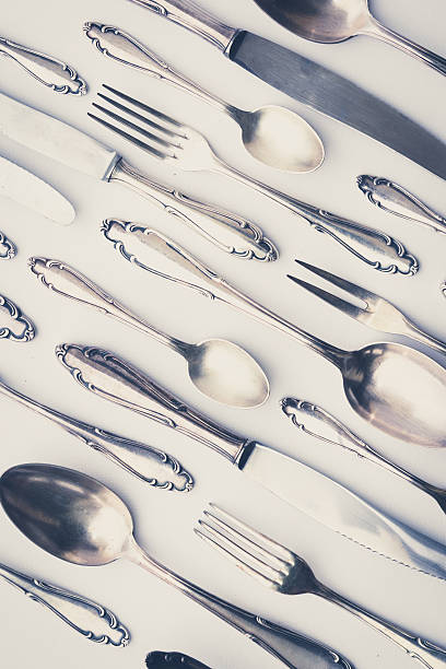 istock beautiful old silver cutlery - vintage style filter 516264380