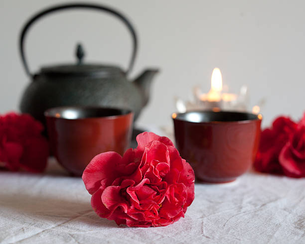 Camellias and Tea stock photo
