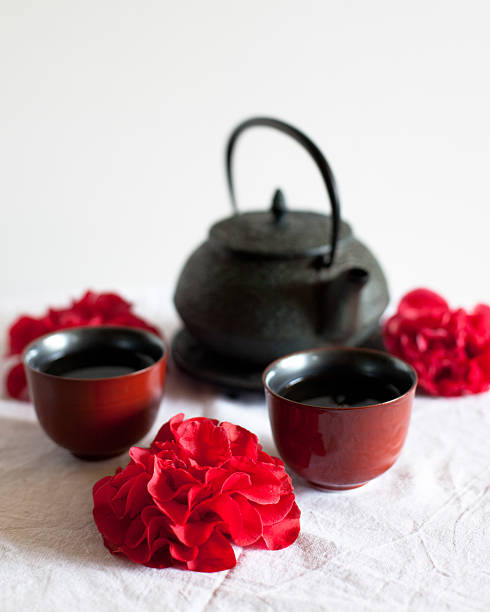 Tea Set with Camellias stock photo