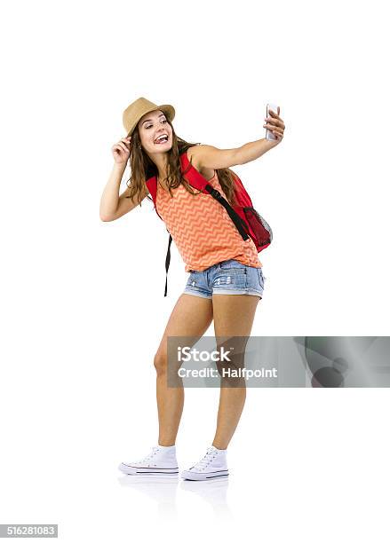 Woman Tourist Taking Selfie Stock Photo - Download Image Now - Tourist, White Background, Women
