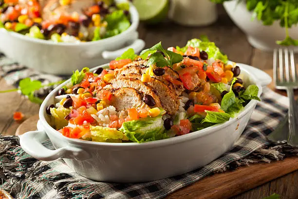 Homemade Mexican Chicken Burrito Bowl with Rice and Beans
