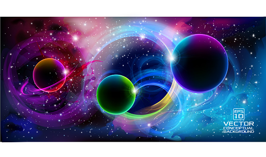 Colorful space background with many stars and planets.  10 eps.