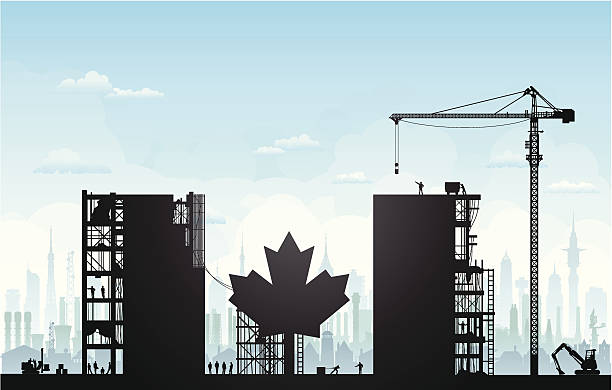 Making a New Canada Scaffolding and the Canadian flag. Image includes fifteen people, two vehicles, a crane, and many buildings, all highly detailed and on separate layers so that they can be used again in future projects if needed. canada flag blue sky clouds stock illustrations