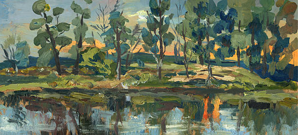 istock trees on the bank of the river painting 516288462