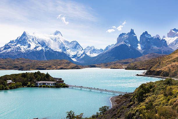 paine towers beautiful view at lake pehoe and cuernos del paine in torres del paine national park, patagonia, chile patagonia argentina photos stock pictures, royalty-free photos & images