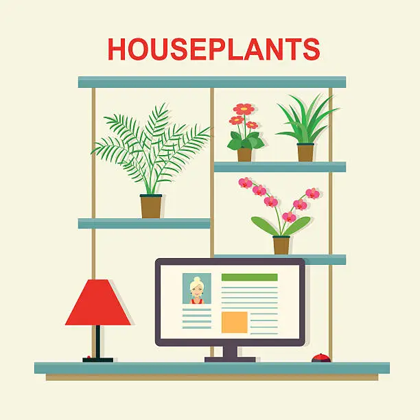 Vector illustration of Workplace with computer, Houseplants, flowers and lamp. Vector flat illustration