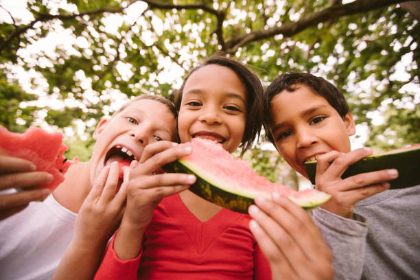 crianças em madeira vedação comer melancia em dia de verão - child food school children eating imagens e fotografias de stock
