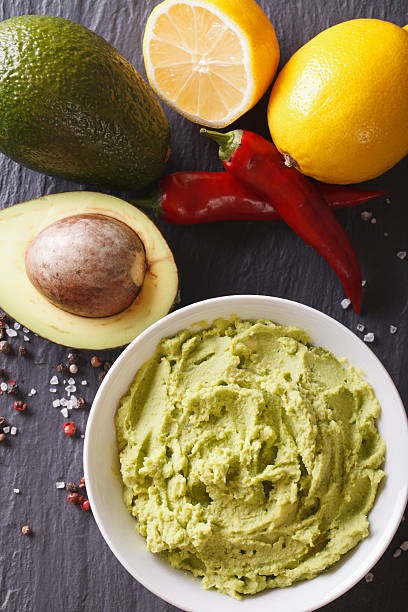 istock guacamole sauce with ingredients close-up. Vertical top view 516296430