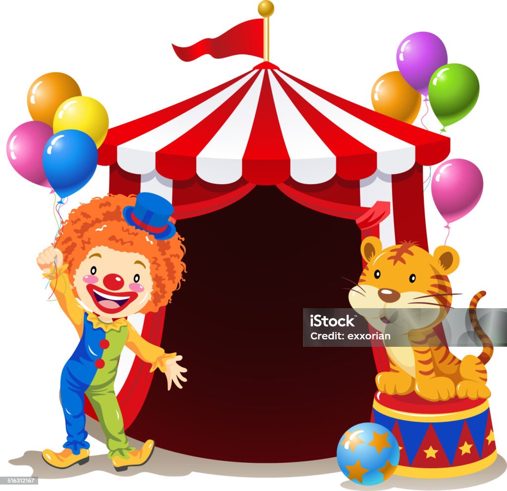 Clown and Tiger in Front of Circus Tent Welcome to circus. Balloon stock vector