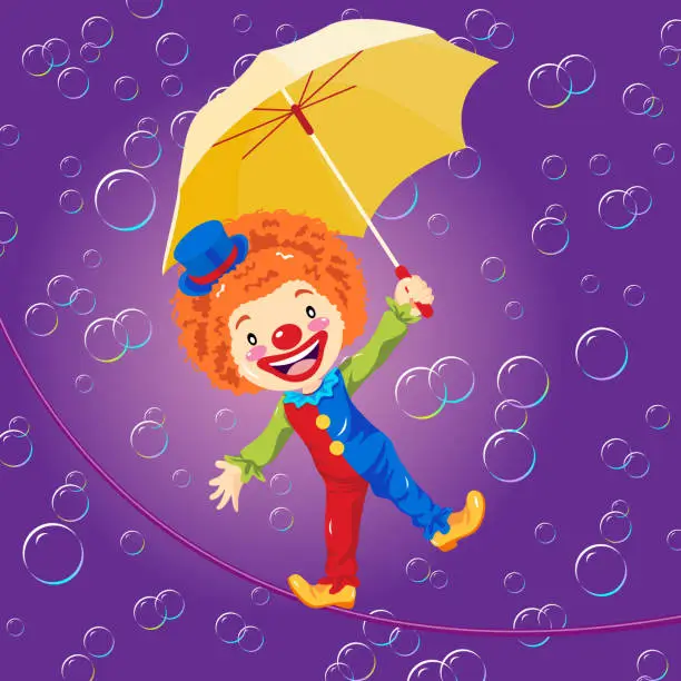 Vector illustration of Clown on Wire with Umbrella