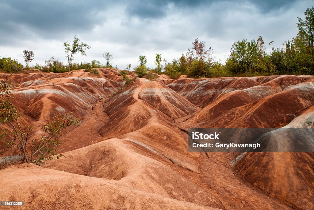 Cheltenham Badlands, Caledon, Ontario, Canada The Cheltenham Badlands are a series of bare, red hills and gullies in southern Ontario, northwest of Toronto, that formed as a result of overgrazing. In the 1930s, the area was still fertile, but poor farming practices wore away the topsoil, revealing the underlying shale formation high in iron oxide.  Overgrazing Stock Photo