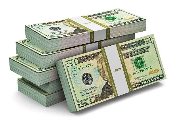 Photo of Stacks of 20 dollars banknotes