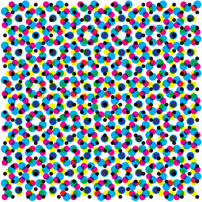 Pattern of 1311 CMYK dots filling a gray background. At 100% size the dots pattern is 2 Dpi and it’s formed from perfect circles. The dots are in four layers each one for a CMYK color. 