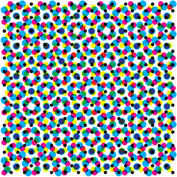 CMYK halftone pattern filling a gray background Pattern of 1311 CMYK dots filling a gray background. At 100% size the dots pattern is 2 Dpi and it’s formed from perfect circles. The dots are in four layers each one for a CMYK color.  cmyk stock illustrations