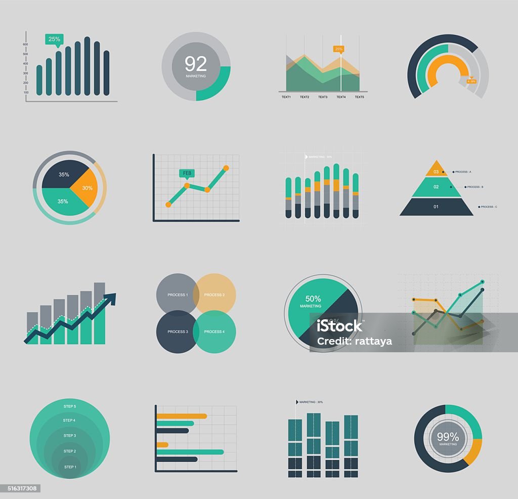 Business and market icon Business data market elements dot bar pie charts diagrams and graphs flat icons set isolated vector illustration. Chart stock vector