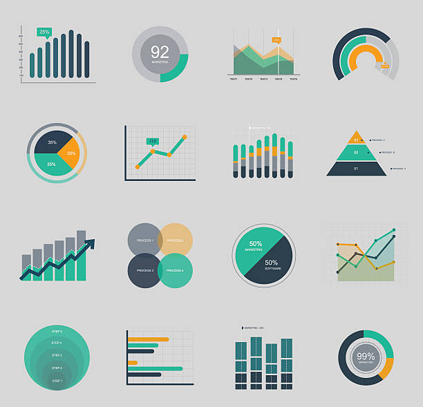 Business and market icon Business data market elements dot bar pie charts diagrams and graphs flat icons set isolated vector illustration. chart stock illustrations
