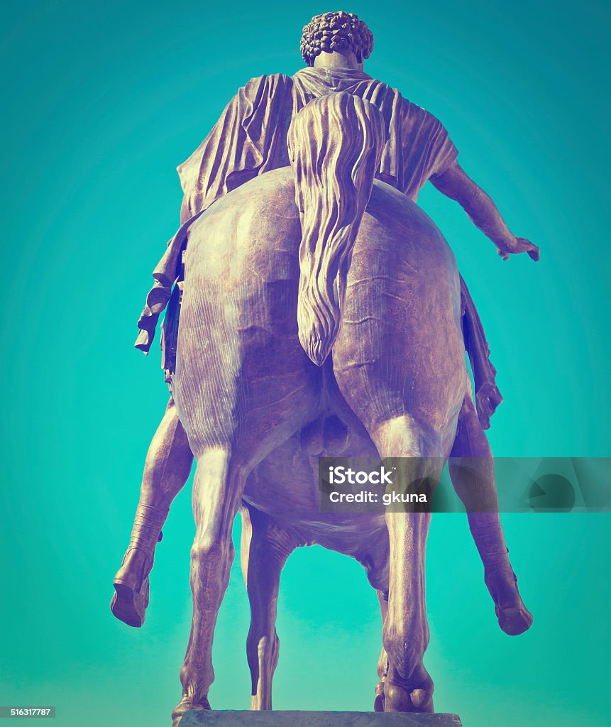 Monument The Equestrian Monument of Marcus Aurelius in Rome, Retro Effect Ancient Stock Photo