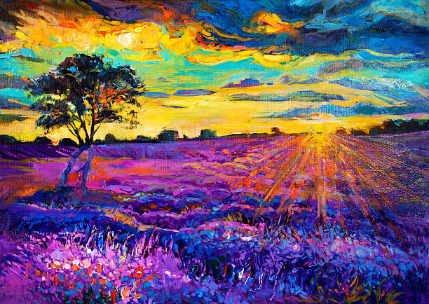 ilustrações, clipart, desenhos animados e ícones de campos de lavanda - paintings tree landscape field