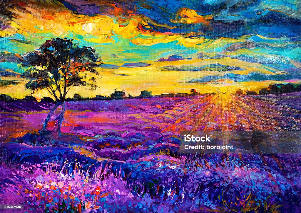 Lavender fields Original oil painting of lavender fields on canvas.Sunset landscape.Modern Impressionism Painting - Art Product stock illustration