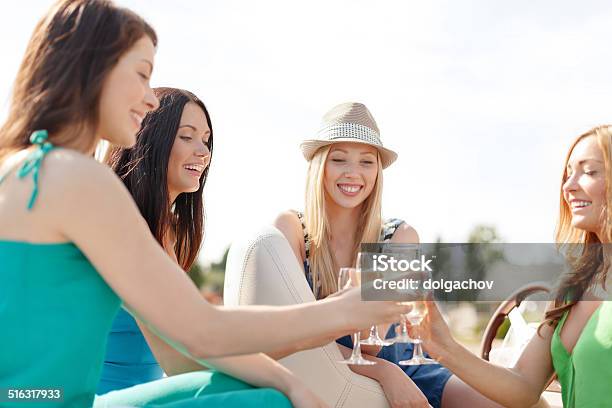 Smiling Girls With Champagne Glasses Stock Photo - Download Image Now - Adult, Alcohol - Drink, Bachelorette Party