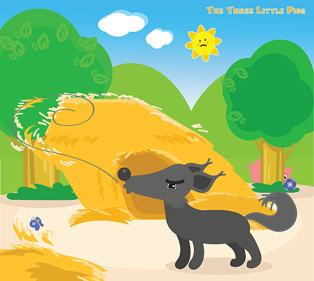 The three little pigs 4: the big bad wolf The big bad wolf blows away the straw house. Vector for children. straw house stock illustrations