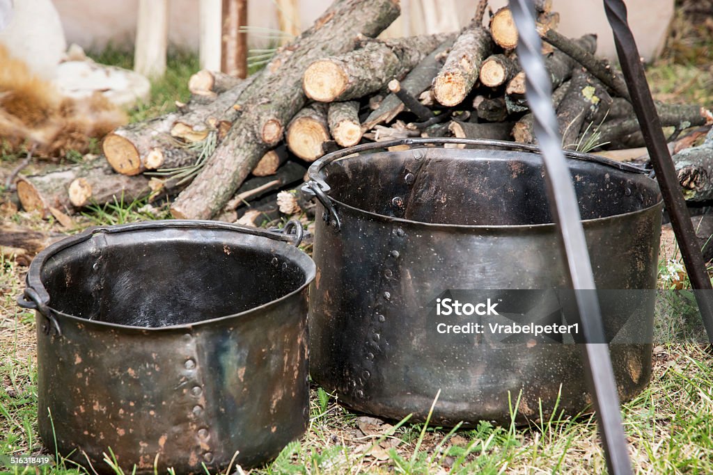 Two old pots for cooking on camping Two old pots for cooking on camping. Camping in outdoor. Barbecue Grill Stock Photo