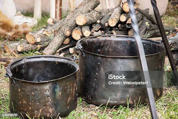 Two Old Pots For Cooking On Camping Stock Photo - Download Image Now - Barbecue Grill, Bonfire, Burning