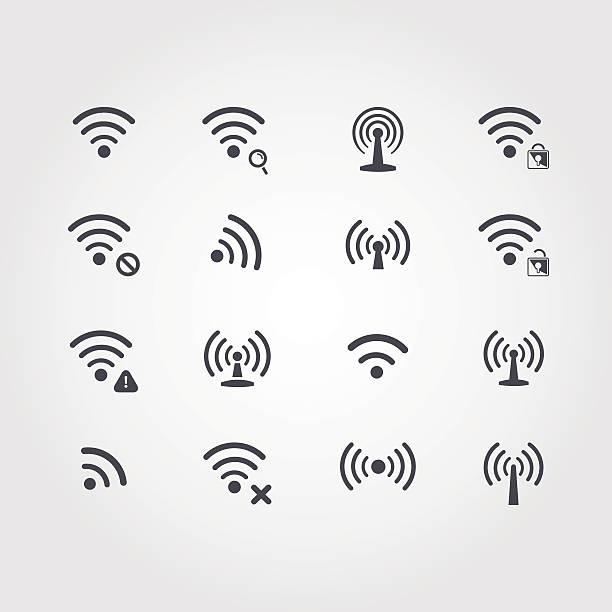 Set of sixteen different black vector  wifi and wireless icons Set of sixteen different black vector  wifi and wireless icons for communicate using radio waves, remote access, wireless cordless phone stock illustrations