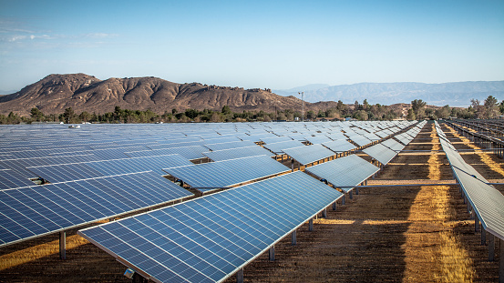 Industrial scale photovoltaic solar field installation in Rosamond, Kern County, California.