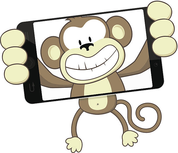 ilustraciones, imágenes clip art, dibujos animados e iconos de stock de mono autofoto - telephone chimpanzee monkey on the phone