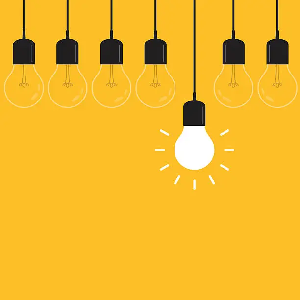 Vector illustration of Hanging light bulbs with glowing one on yellow background