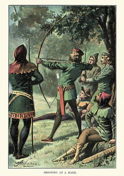 Robin Hood and his Merry Men Vintage colour illustration showing Robin Hood and his Merry Men practicing with their longbows. sherwood forest illustrations stock illustrations