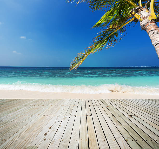 istock Wooden platform beside tropical beach 516328348