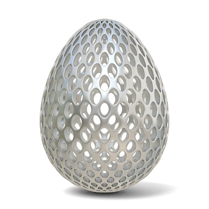 Silver perforated egg ornament. 3D render illustration isolated on a white background
