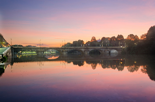 Turin (Torino), panorama with river Po at twilight