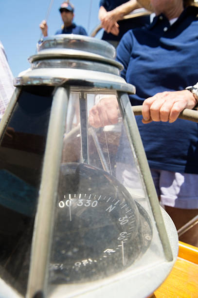 istock Close-up of compass on sailboat's helm 516348975