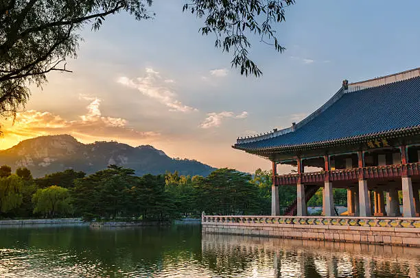 Gyeonghweru Pavilion reflected in a lake at Gyeongbokgung Palace in Seoul, South Korea.