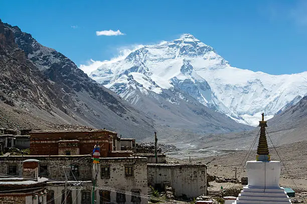 The mighty northface from Mt. Everest, with 8850 m altitude the highest mountain of the world. In the foreground the Rongbuk Monastery (about 5000 m, the highest monastery in the world).