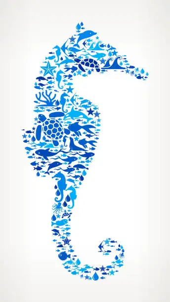 Vector illustration of Seahorse Ocean and Marine Life Blue Icon Pattern