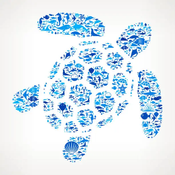 Vector illustration of Turtle Ocean and Marine Life Blue Icon Pattern