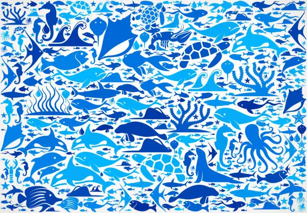 Vector illustration of Ocean and Marine Life Blue Icon Pattern