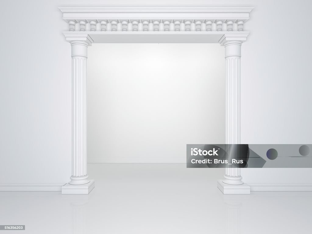Classic portal with columns Abstract interior in a classical style with classic portal, white walls and white floors. 3D rendering of high quality Architectural Column Stock Photo