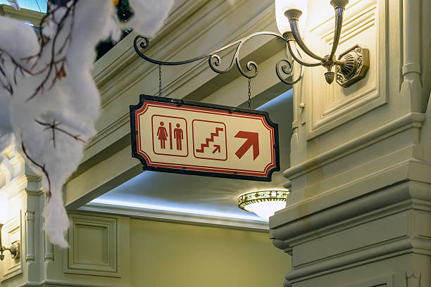 istock Signboard with direction indicator to the public toilet 516358008