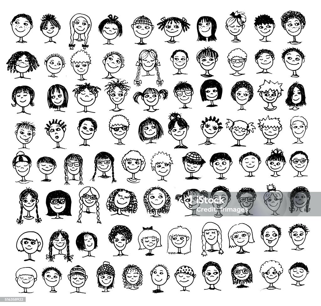 Collection of hand drawn kids' faces Collection of black and white hand drawn kids' faces Child stock vector