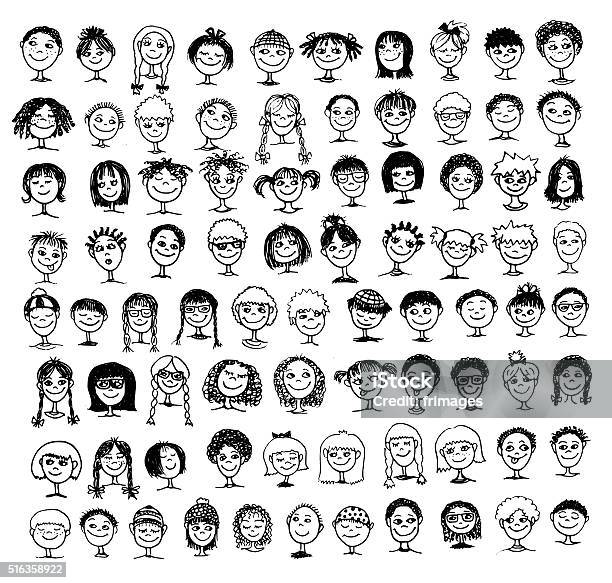 Collection Of Hand Drawn Kids Faces Stock Illustration - Download Image Now - Child, Human Face, Drawing - Art Product