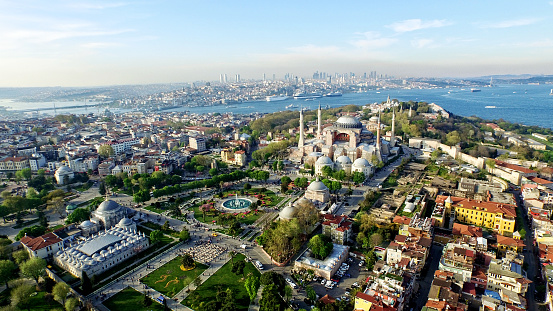 Aerial view of Istanbul's Galata district. Galata Tower in the foreground, Bosphorus, Golden Horn and Historical peninsula in the back.