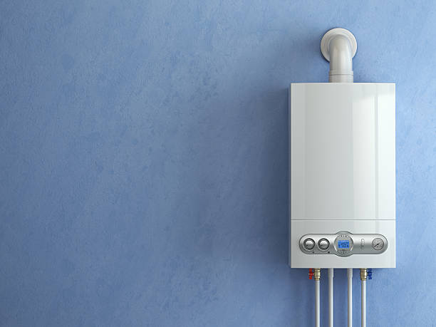 gas kessel auf blauem hintergrund. startseite heizung. - radiator control water heater home interior stock-fotos und bilder