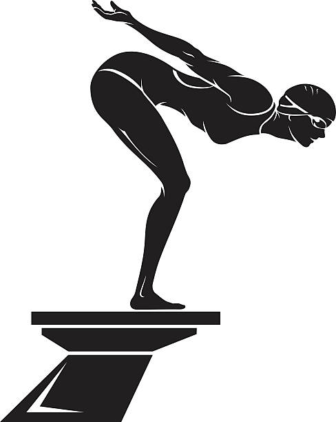 Female Swimmer Athlete at the starting platform ready to race. swimming silhouettes stock illustrations