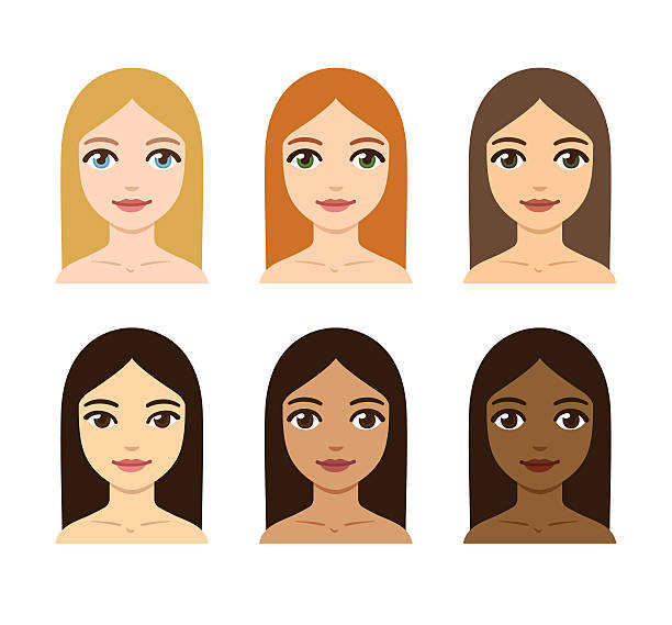 women skin and hair color variety Young women with different skin, hair and eye colors. Race diversity illustration. women beauty hair dye stock illustrations