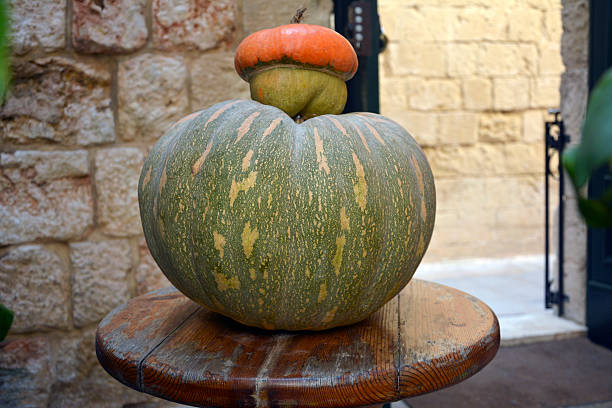 Large pumpkin on a table.